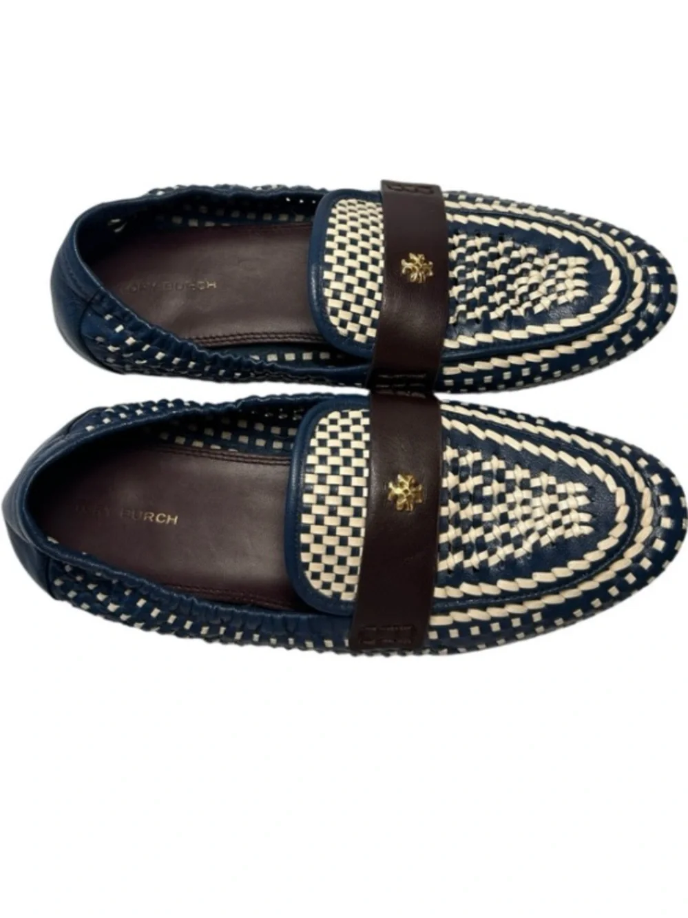 Tory Burch Woven Leather Ballet Loafers, slip-on, almond toe, double-T logo.